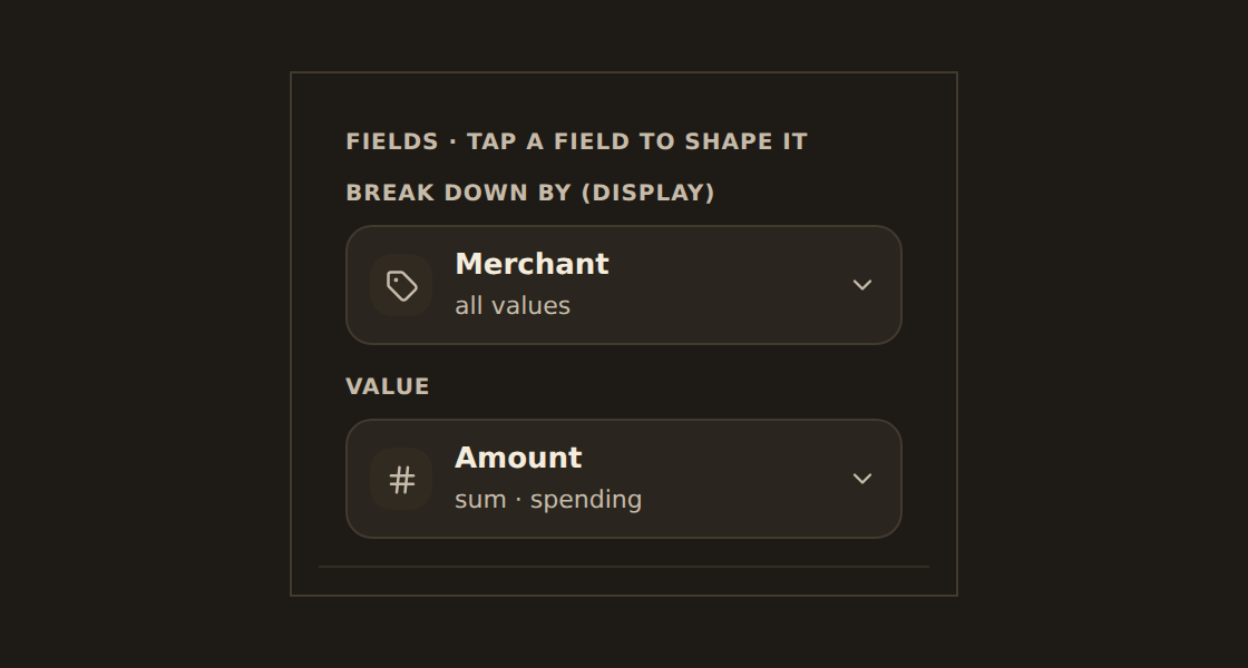 The inspector Data tab Fields panel for a cartesian chart, with a Group by dimension chip (Merchant) stacked above a Value measure chip (Amount, summarized as sum, labeled spending).
