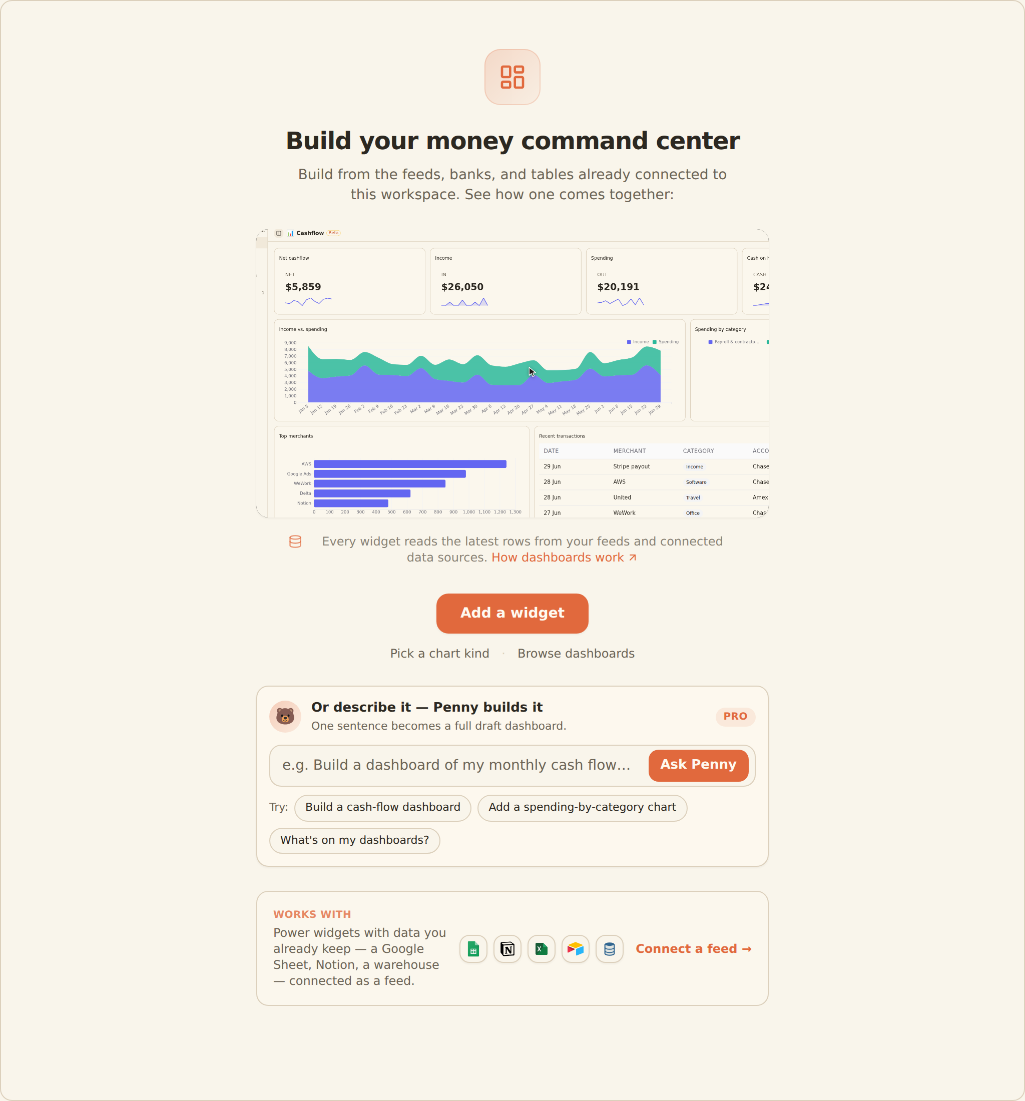 An empty dashboard canvas with a launch card and an 'Add a widget' button, the on-canvas prompt that opens the widget chooser on a brand-new dashboard.