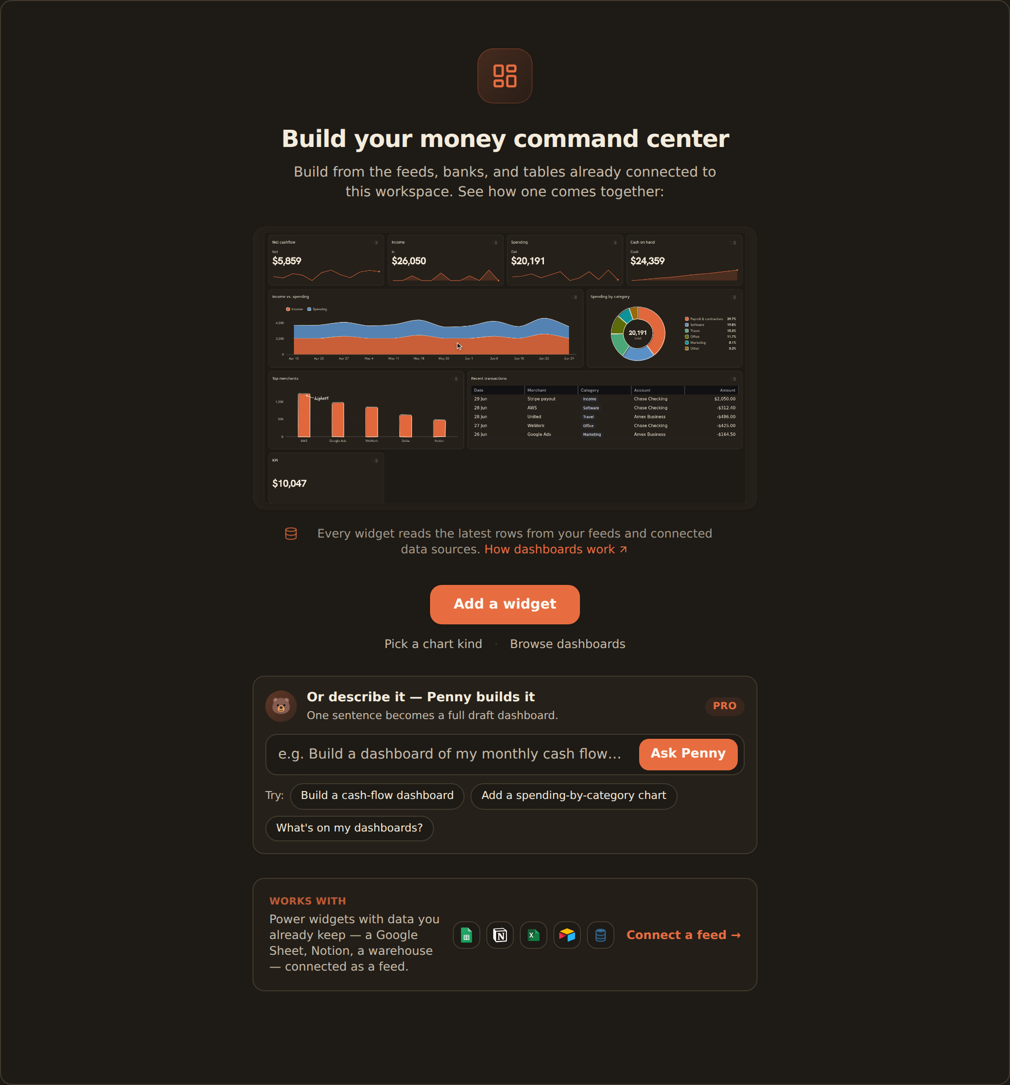 An empty dashboard canvas with a launch card and an 'Add a widget' button, the on-canvas prompt that opens the widget chooser on a brand-new dashboard.