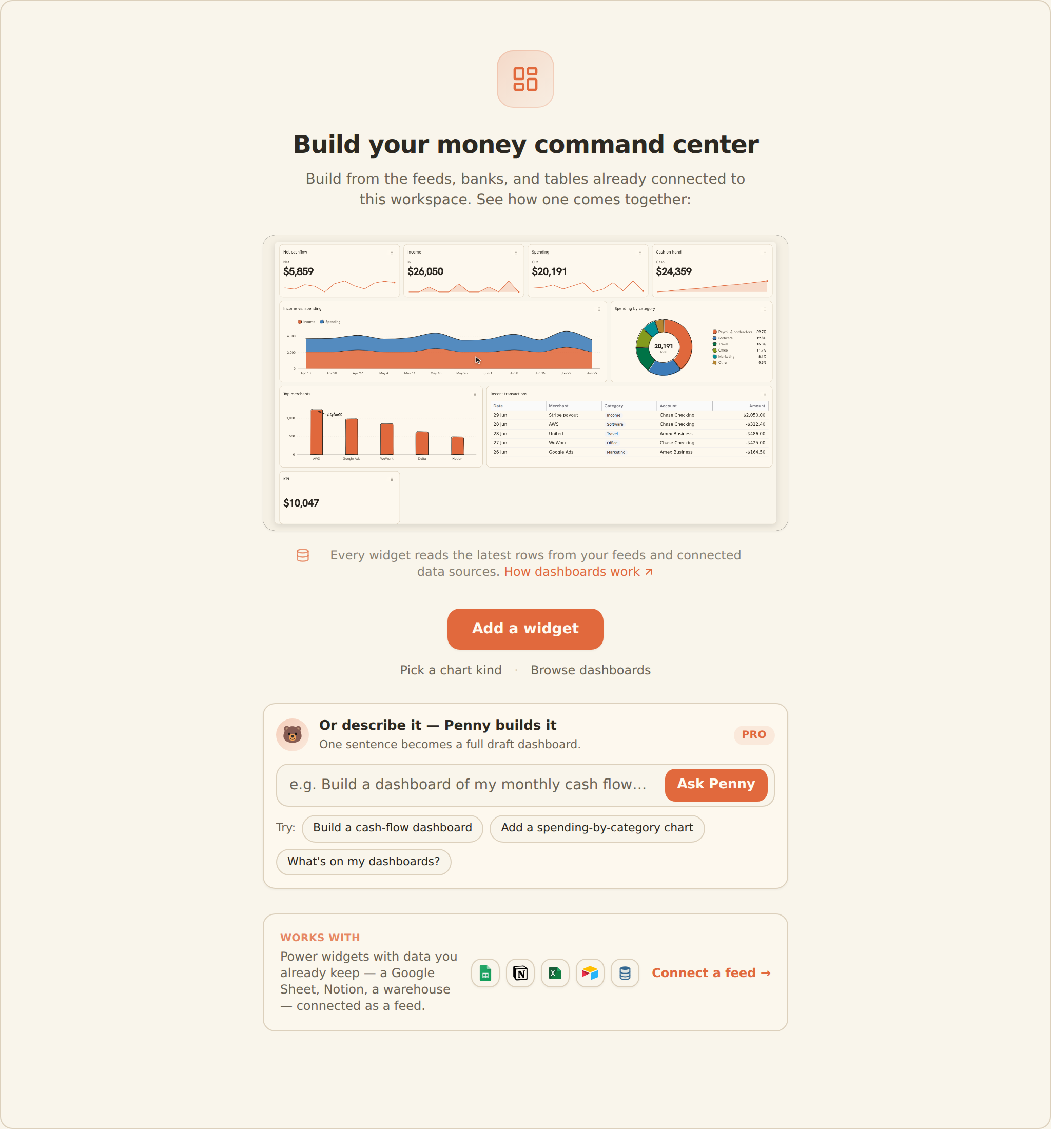 An empty dashboard canvas with a launch card and an 'Add a widget' button, the on-canvas prompt that opens the widget chooser on a brand-new dashboard.