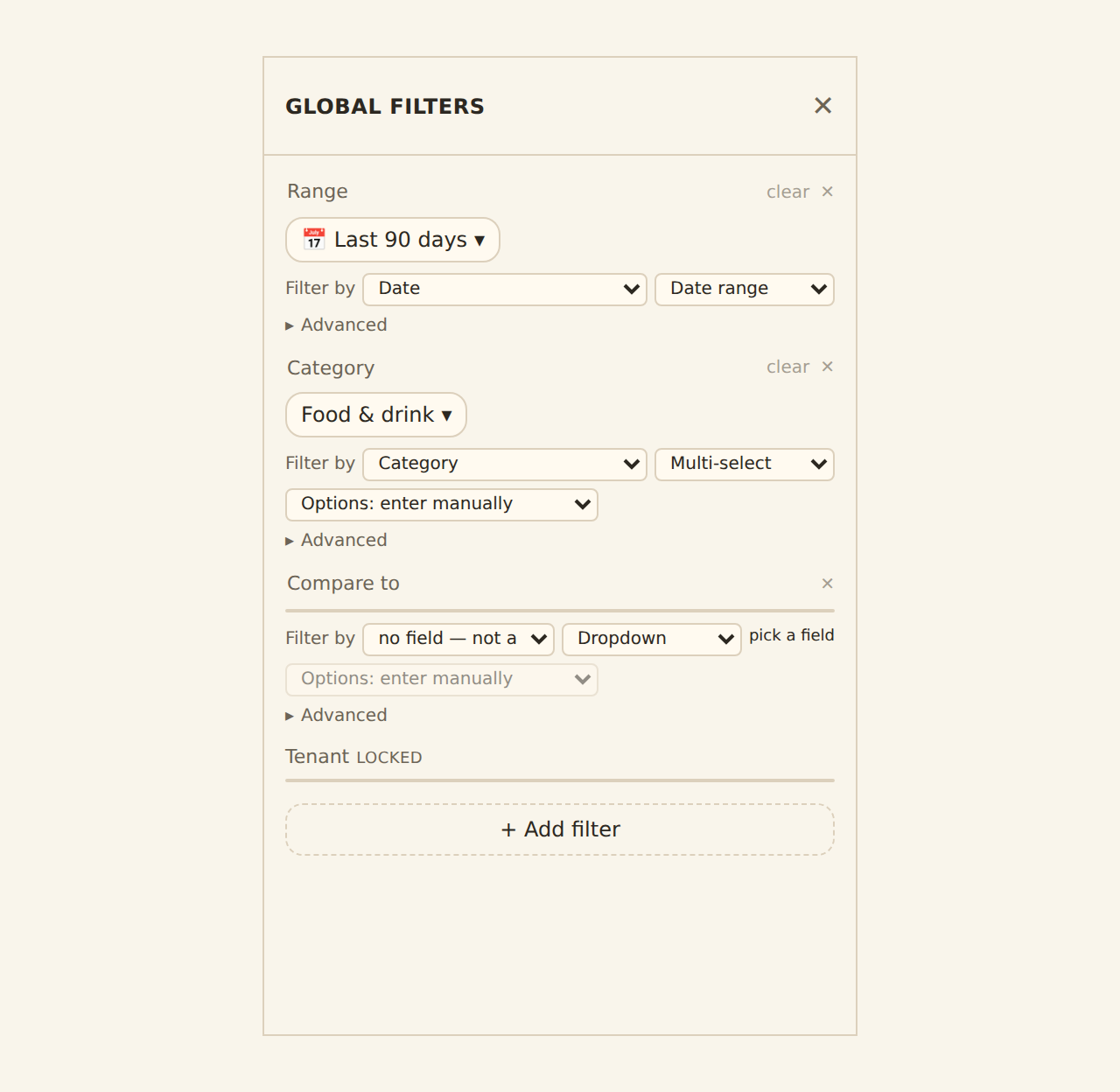 The dashboard Filters panel in full authoring mode: each row has an editable label, control type, target column, operator and apply-plane selects; one row shows a 'Compare to' not-applied warning because it has no target column, and a locked row is a row-level security filter.
