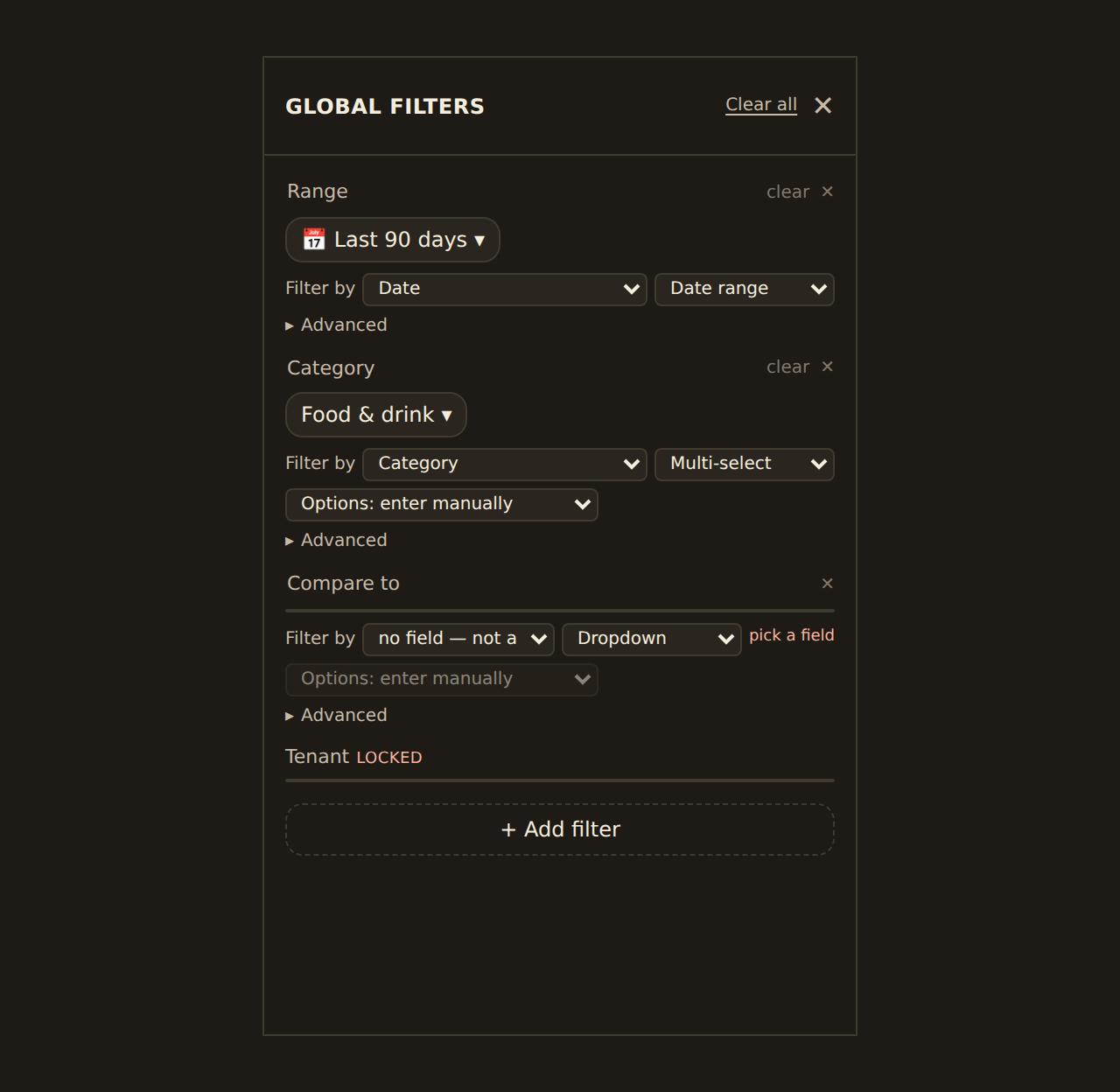 The dashboard Filters panel in full authoring mode: each row has an editable label, control type, target column, operator and apply-plane selects; one row shows a 'Compare to' not-applied warning because it has no target column, and a locked row is a row-level security filter.