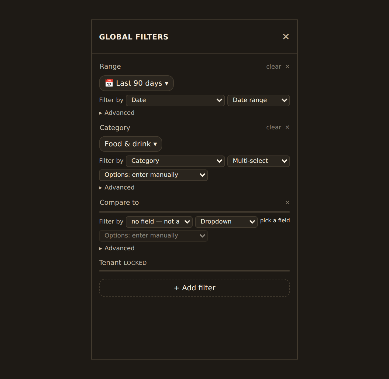 The dashboard Filters panel in full authoring mode: each row has an editable label, control type, target column, operator and apply-plane selects; one row shows a 'Compare to' not-applied warning because it has no target column, and a locked row is a row-level security filter.