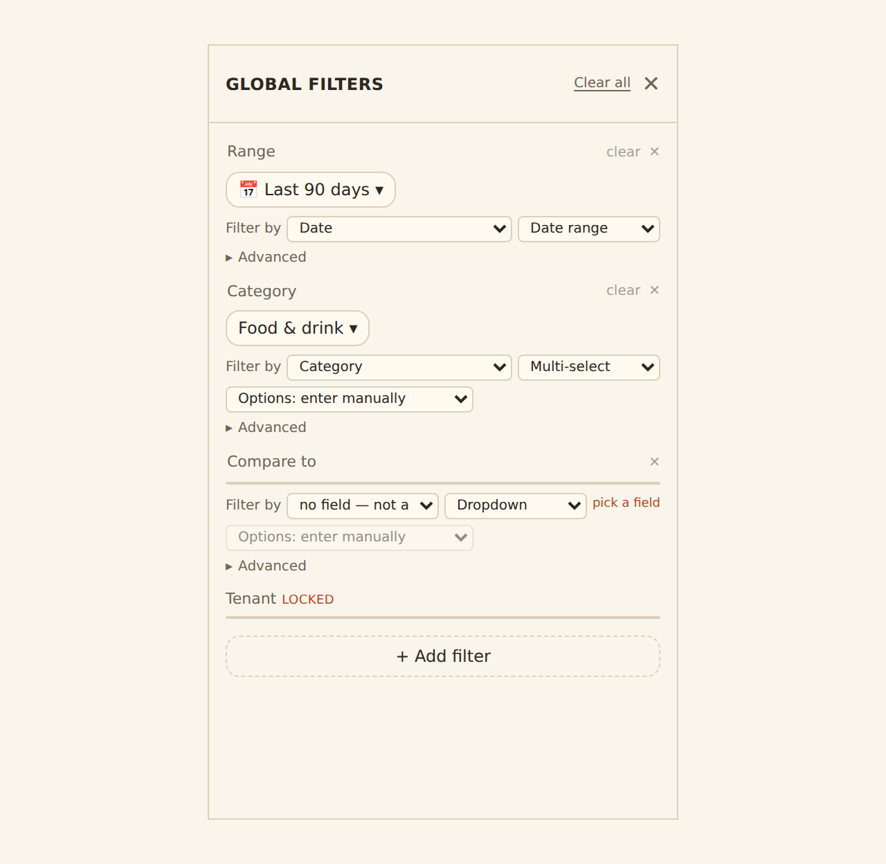 The dashboard Filters panel in full authoring mode: each row has an editable label, control type, target column, operator and apply-plane selects; one row shows a 'Compare to' not-applied warning because it has no target column, and a locked row is a row-level security filter.