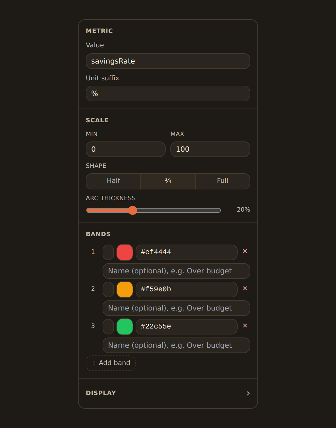 The gauge widget inspector for a savings-rate goal: a three-quarter arc shape, a percent unit, and green/amber/red color bands so the needle's position reads as a status against the scale.