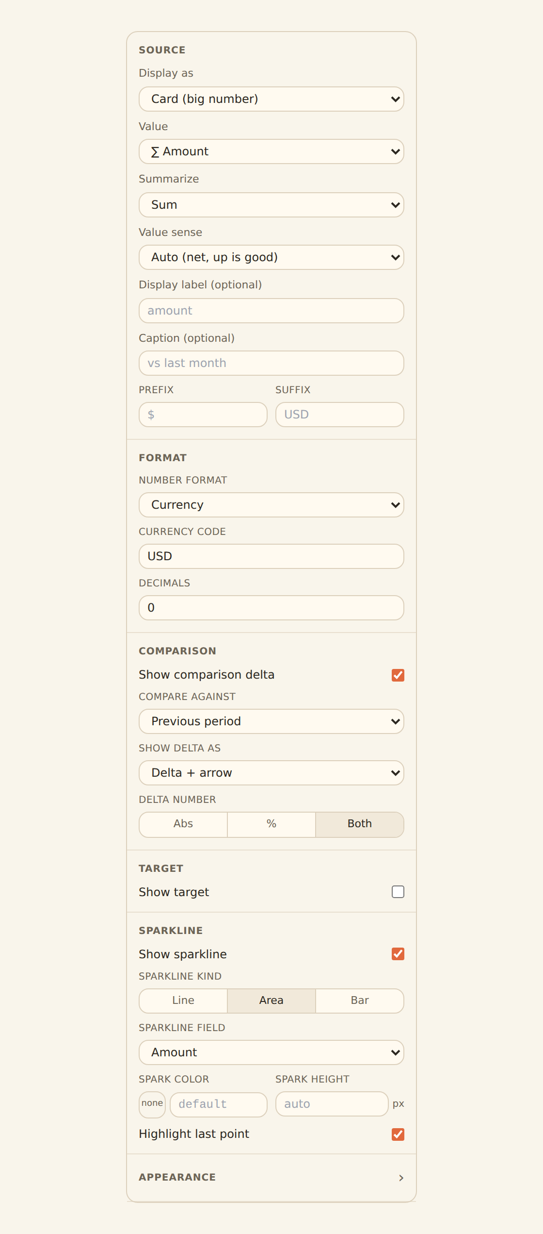 The inspector configuring a KPI widget that sums an Amount field, with the comparison delta-arrow enabled and an area sparkline turned on.