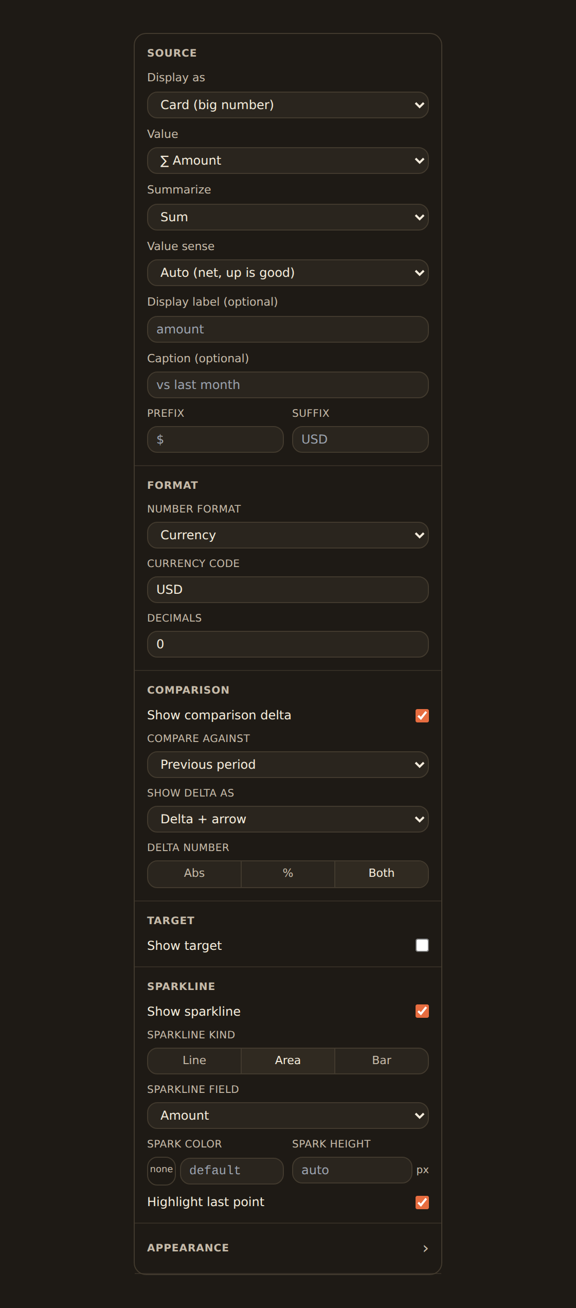The inspector configuring a KPI widget that sums an Amount field, with the comparison delta-arrow enabled and an area sparkline turned on.