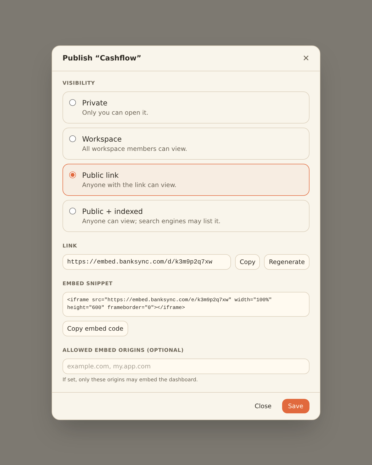 The Publish dialog after saving a public dashboard, showing the four visibility tiers as radio options and a server-issued share link with an iframe embed snippet, each with copy and regenerate buttons.