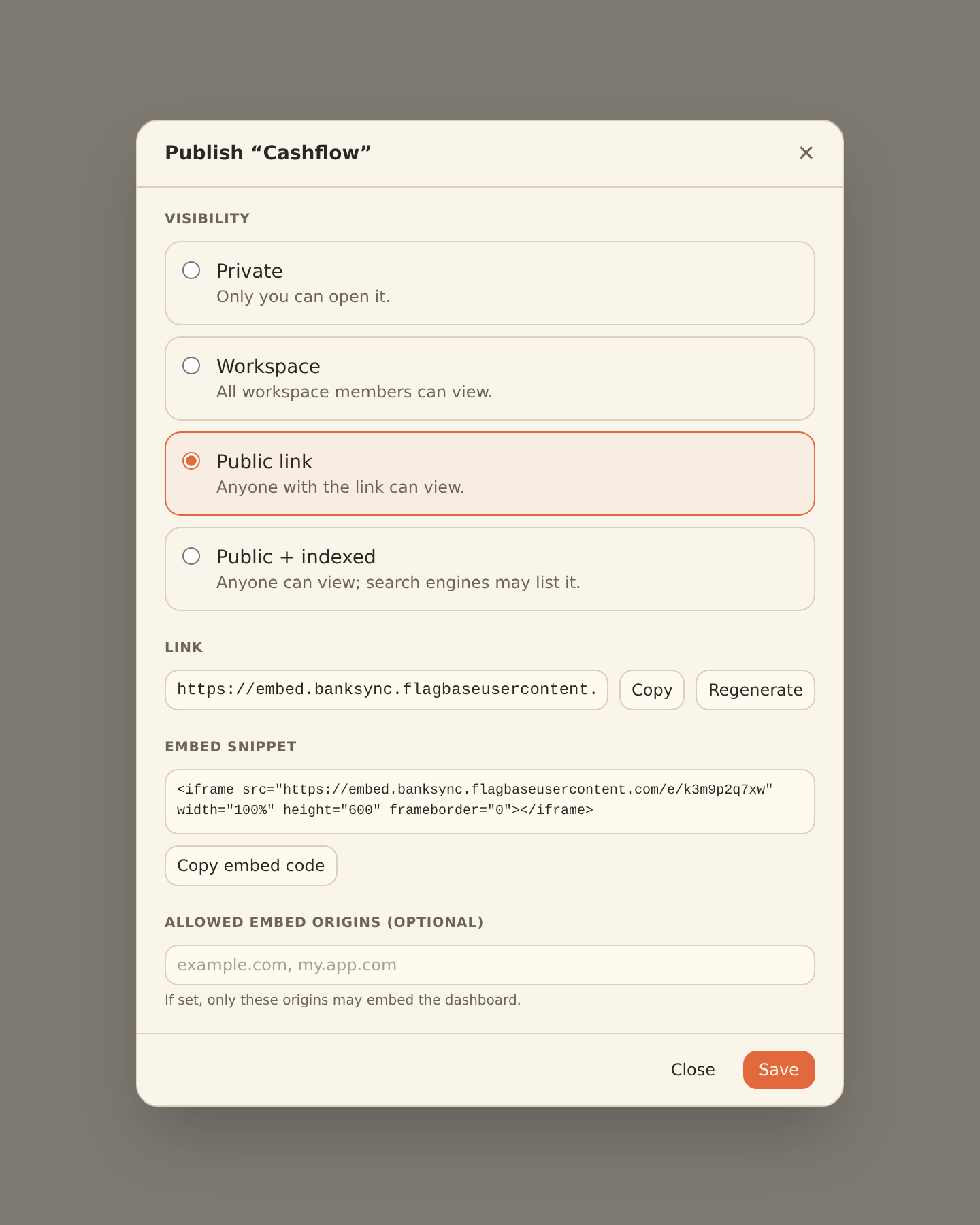 The Publish dialog after saving a public dashboard, showing the four visibility tiers as radio options and a server-issued share link with an iframe embed snippet, each with copy and regenerate buttons.
