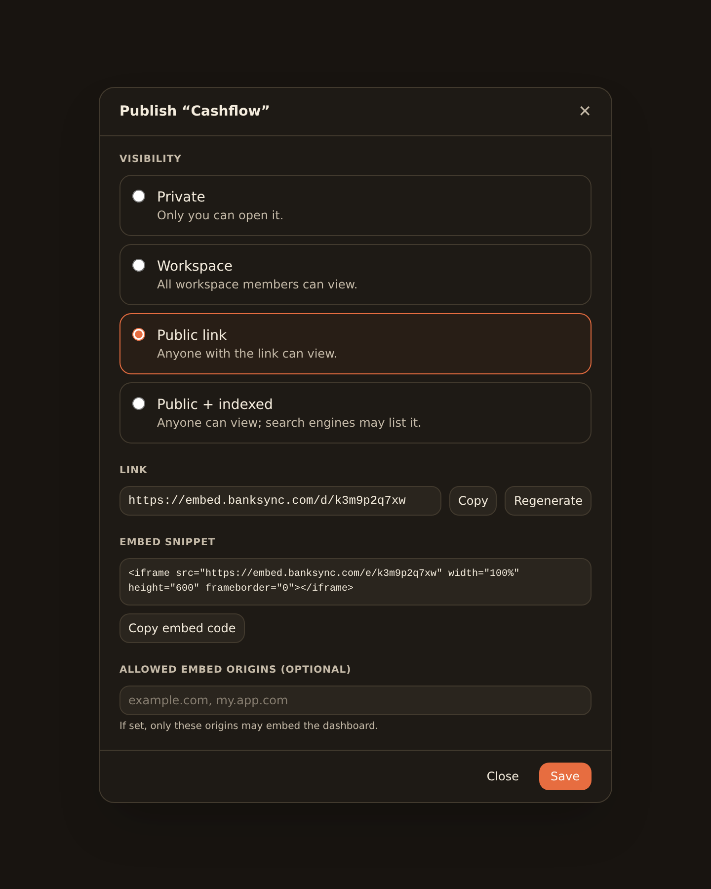 The Publish dialog after saving a public dashboard, showing the four visibility tiers as radio options and a server-issued share link with an iframe embed snippet, each with copy and regenerate buttons.