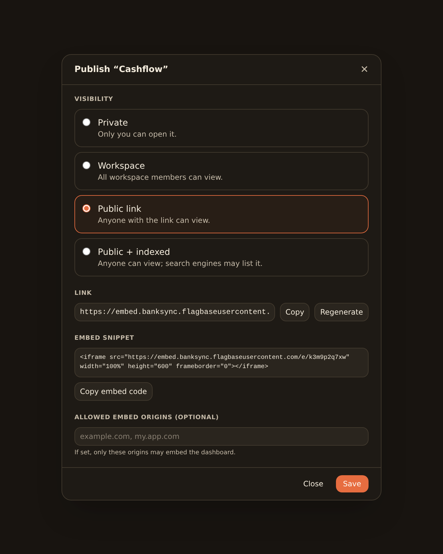 The Publish dialog after saving a public dashboard, showing the four visibility tiers as radio options and a server-issued share link with an iframe embed snippet, each with copy and regenerate buttons.