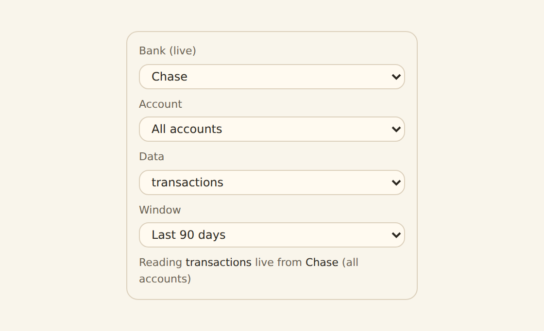 The live source picker showing a Chase transactions source over the last 90 days, all accounts, with a data-type selector and a relative time window. This is the same kind of source an agent points a query at.