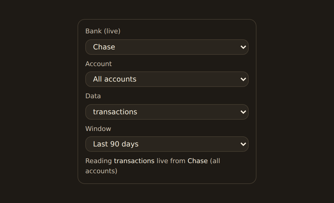 The live source picker showing a Chase transactions source over the last 90 days, all accounts, with a data-type selector and a relative time window. This is the same kind of source an agent points a query at.
