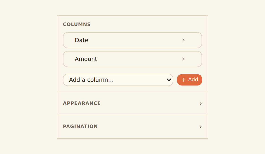 The table column manager showing a Date column card and an Amount column card, each with reorder grips and format, alignment, and pin controls, plus two more fields available to add.
