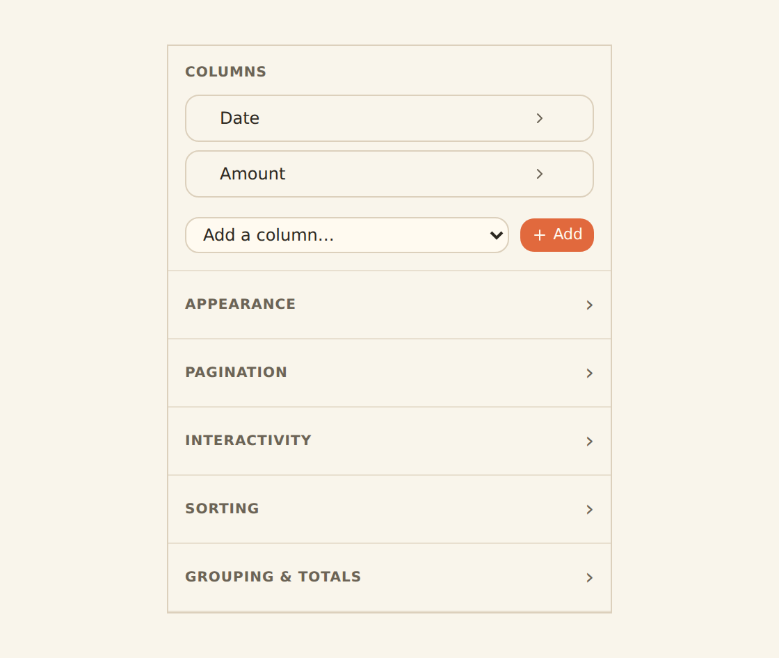 The table widget inspector's column manager: a Date column card and an Amount column card, each with a reorder grip and per-column format, alignment and pin controls, plus two more fields available to add to the table.