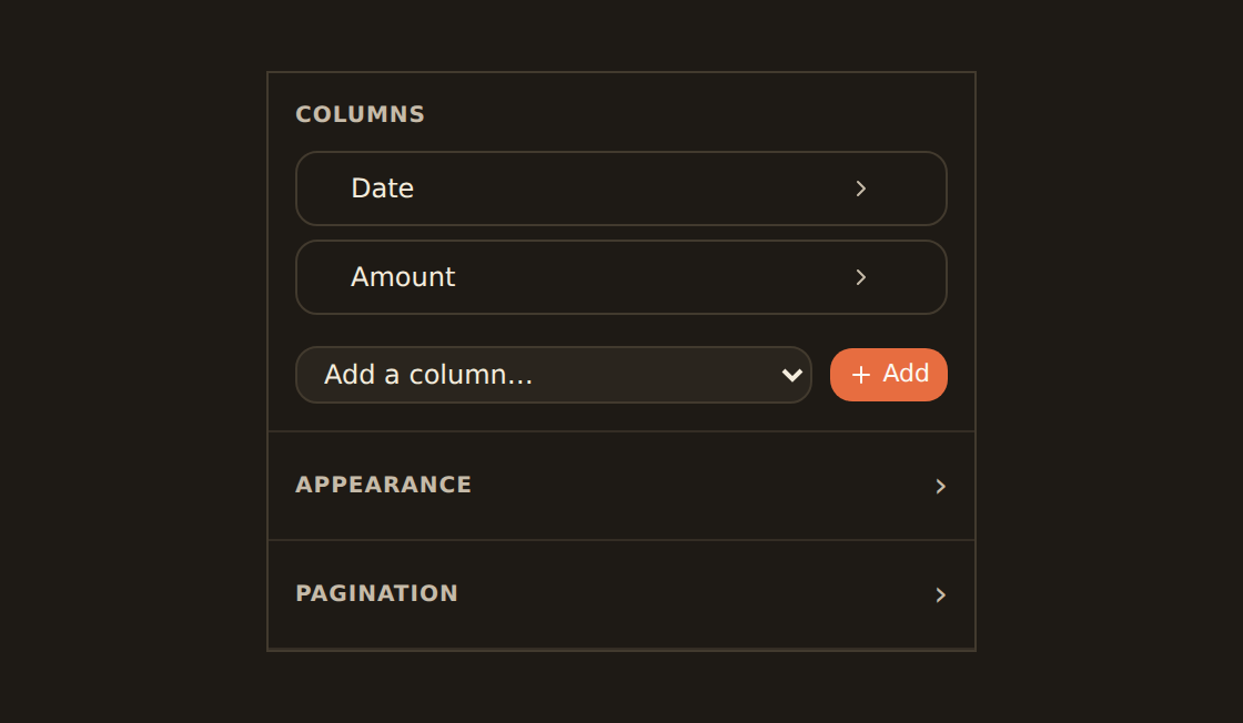The table column manager showing a Date column card and an Amount column card, each with reorder grips and format, alignment, and pin controls, plus two more fields available to add.