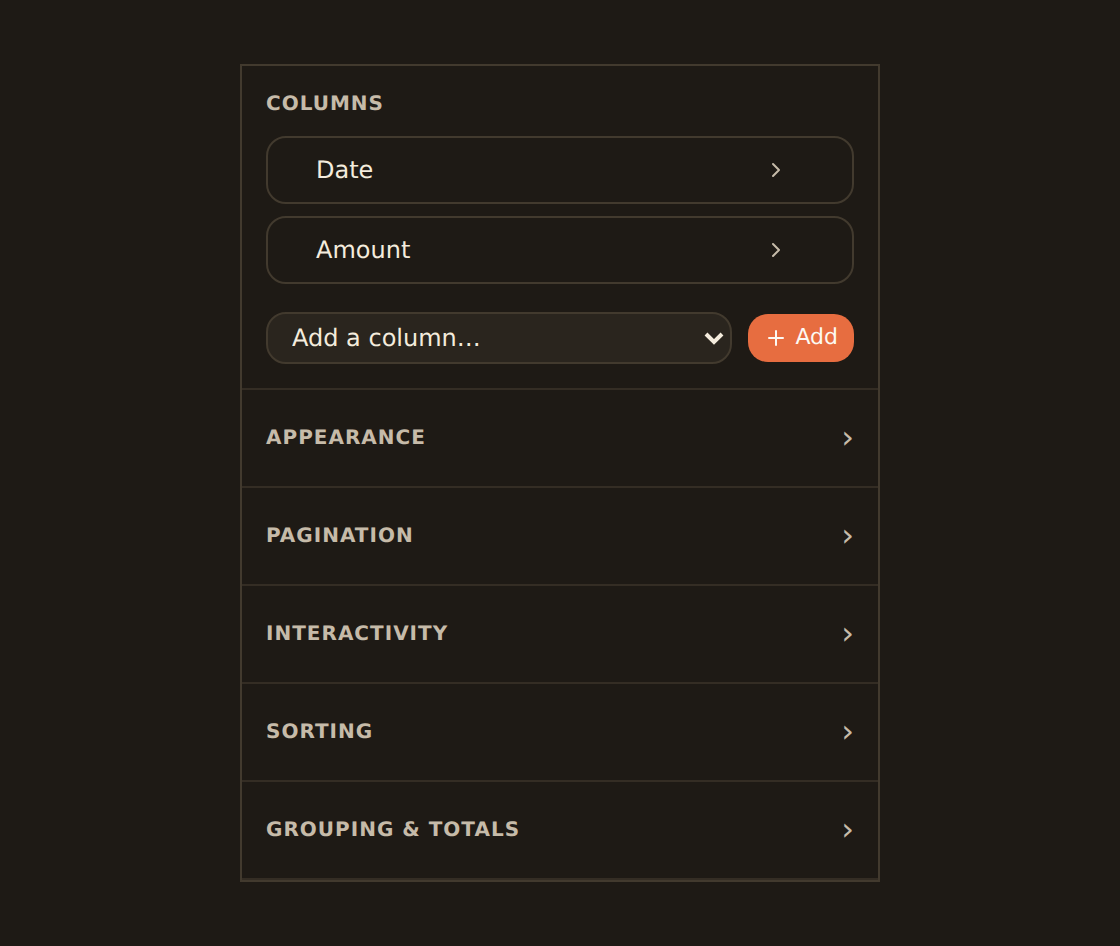 The table widget inspector's column manager: a Date column card and an Amount column card, each with a reorder grip and per-column format, alignment and pin controls, plus two more fields available to add to the table.
