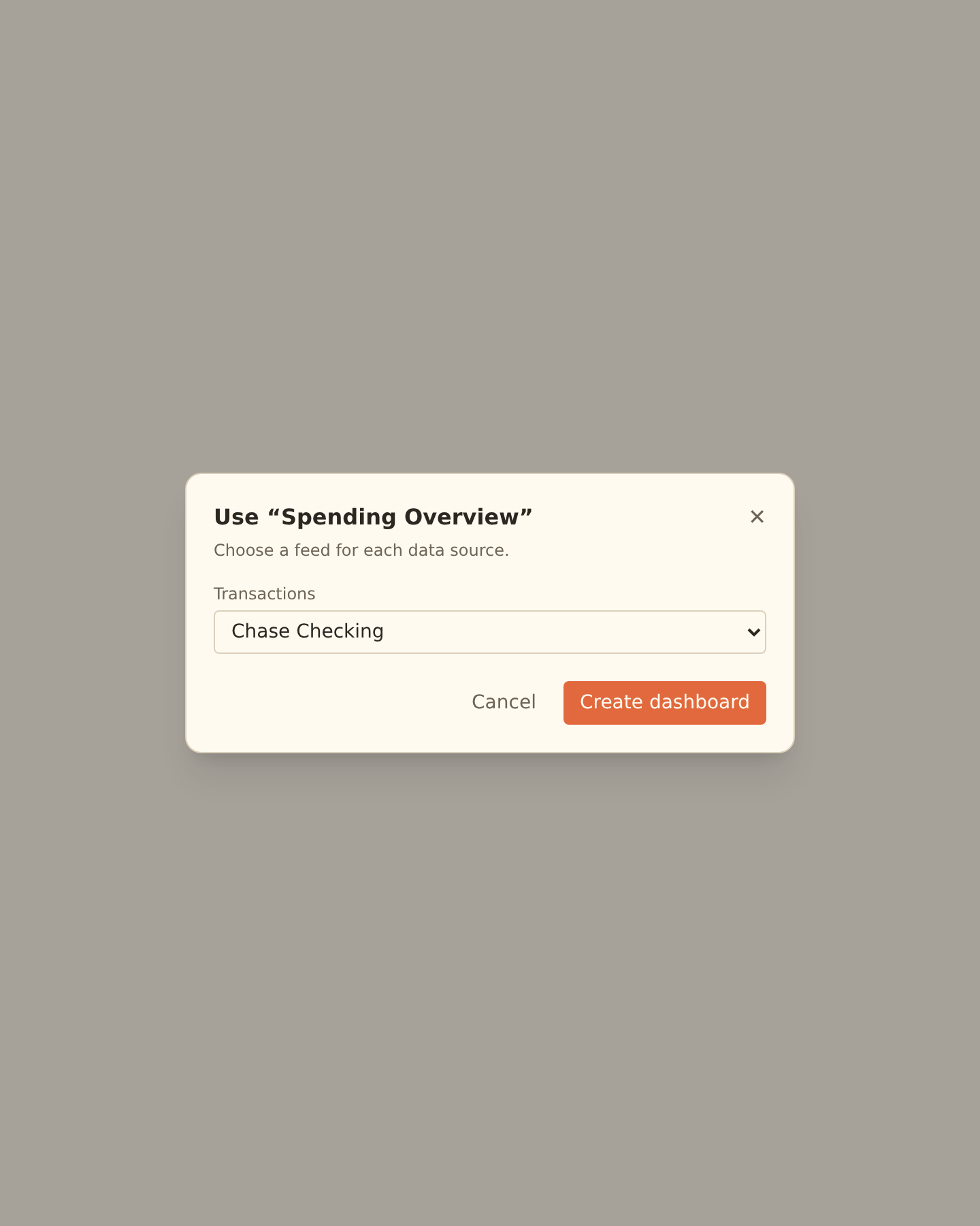 The template binding dialog listing each data slot the template needs, with a single feed picker beside each slot so you can choose one of your available feeds to fill it.