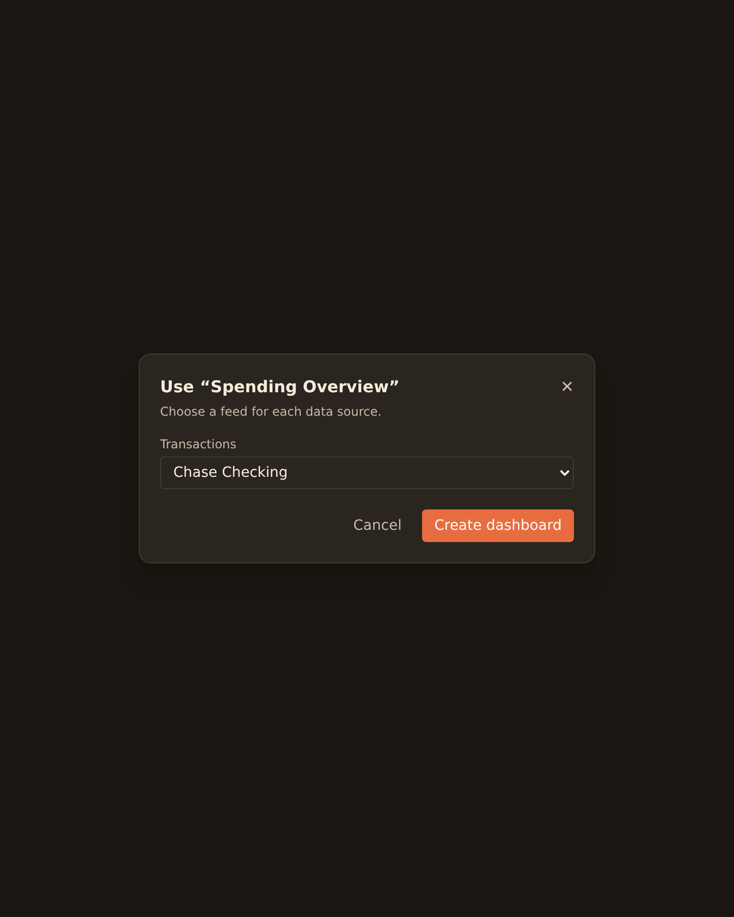 The template binding dialog listing each data slot the template needs, with a single feed picker beside each slot so you can choose one of your available feeds to fill it.
