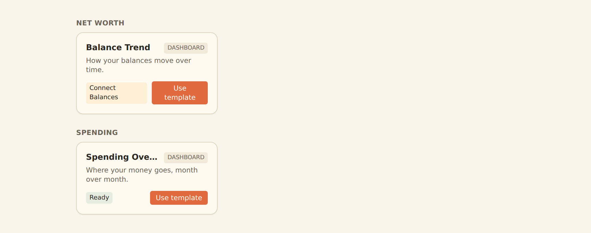 The dashboard template gallery showing prebuilt dashboard cards a user can pick to instantiate.