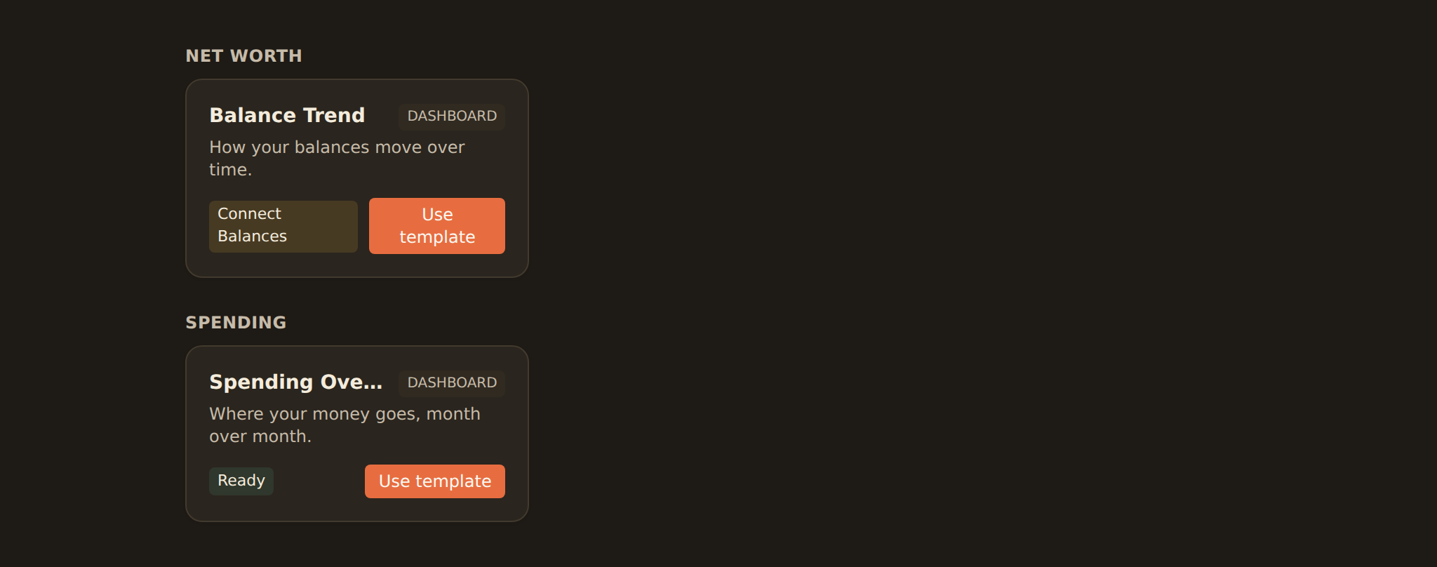 The dashboard template gallery showing prebuilt dashboard cards a user can pick to instantiate.