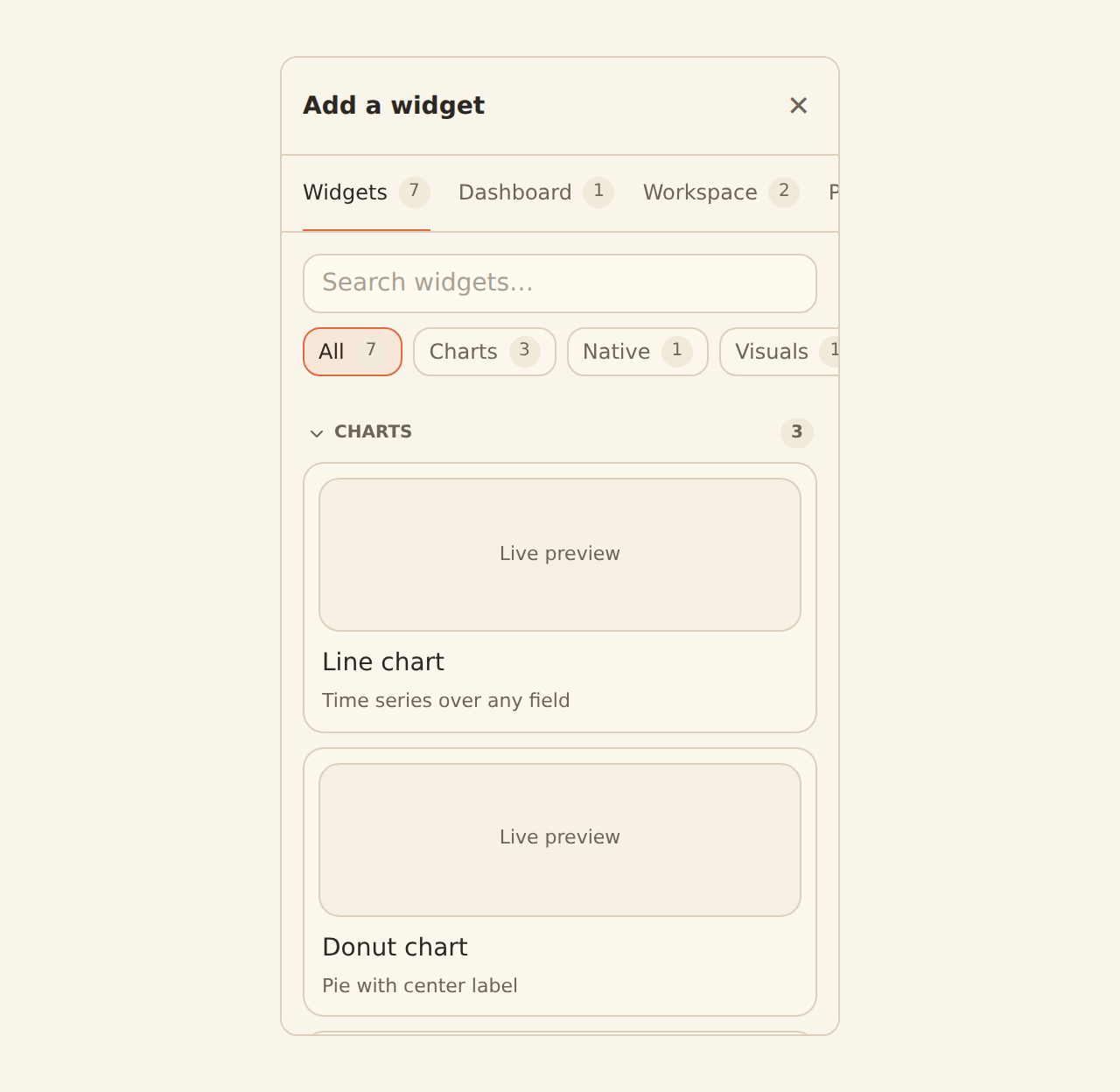 The add-a-widget library panel open on the All tab: a searchable catalog of widget kinds, each card showing a live mini-preview of the chart, KPI, or table.