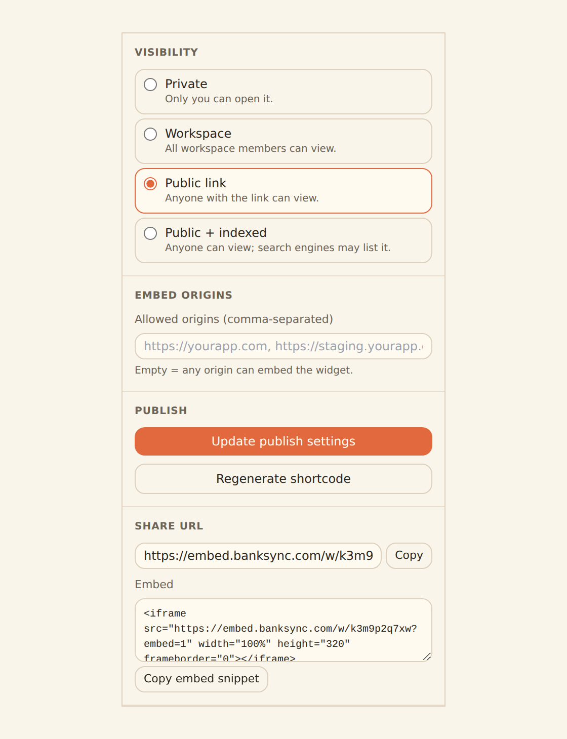 A single widget's Share tab in the inspector, showing the widget set to a public tier with its own share link, an iframe embed snippet, an allowed-origins box, and a Regenerate shortcode button.