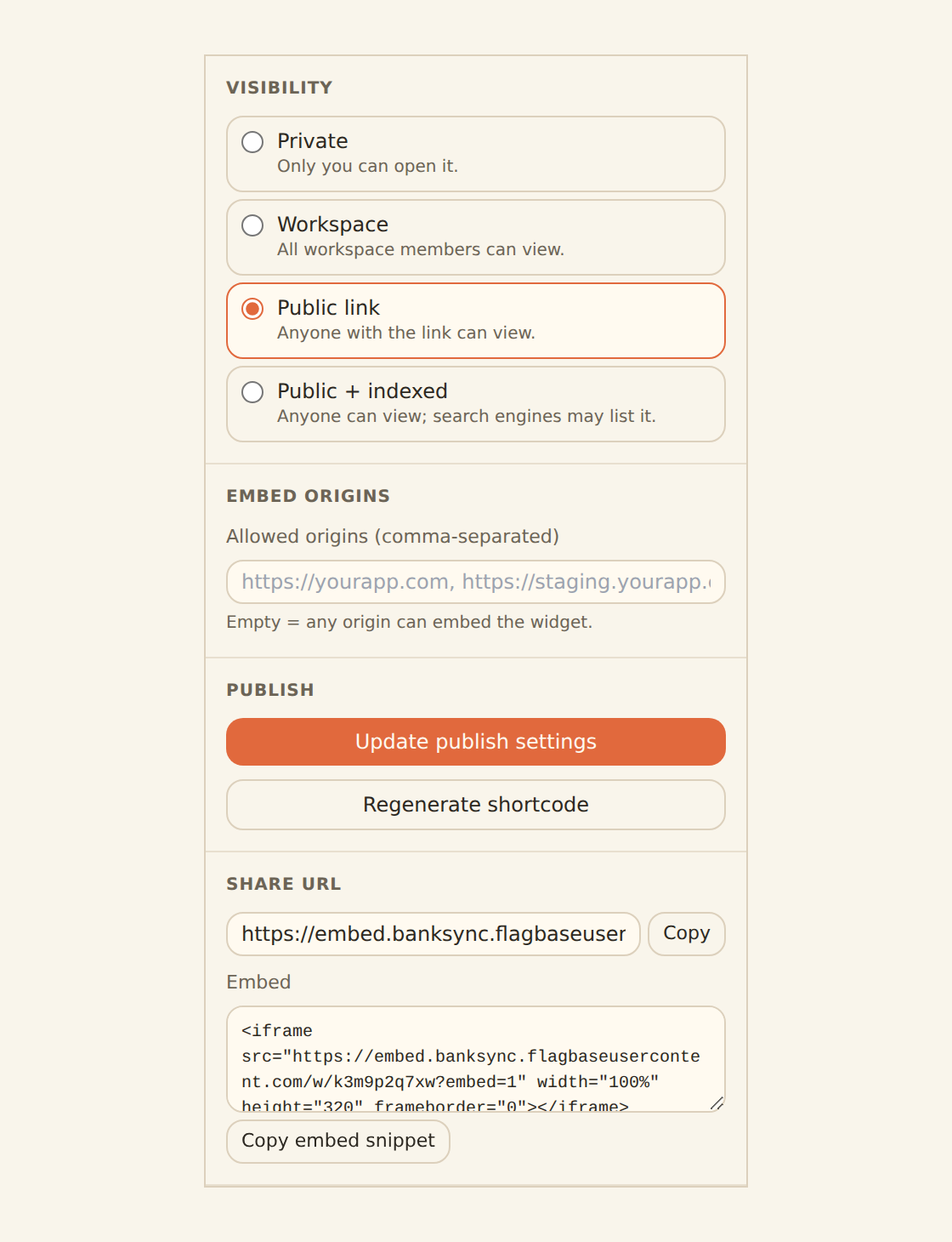 A single widget's Share tab in the inspector, showing the widget set to a public tier with its own share link, an iframe embed snippet, an allowed-origins box, and a Regenerate shortcode button.