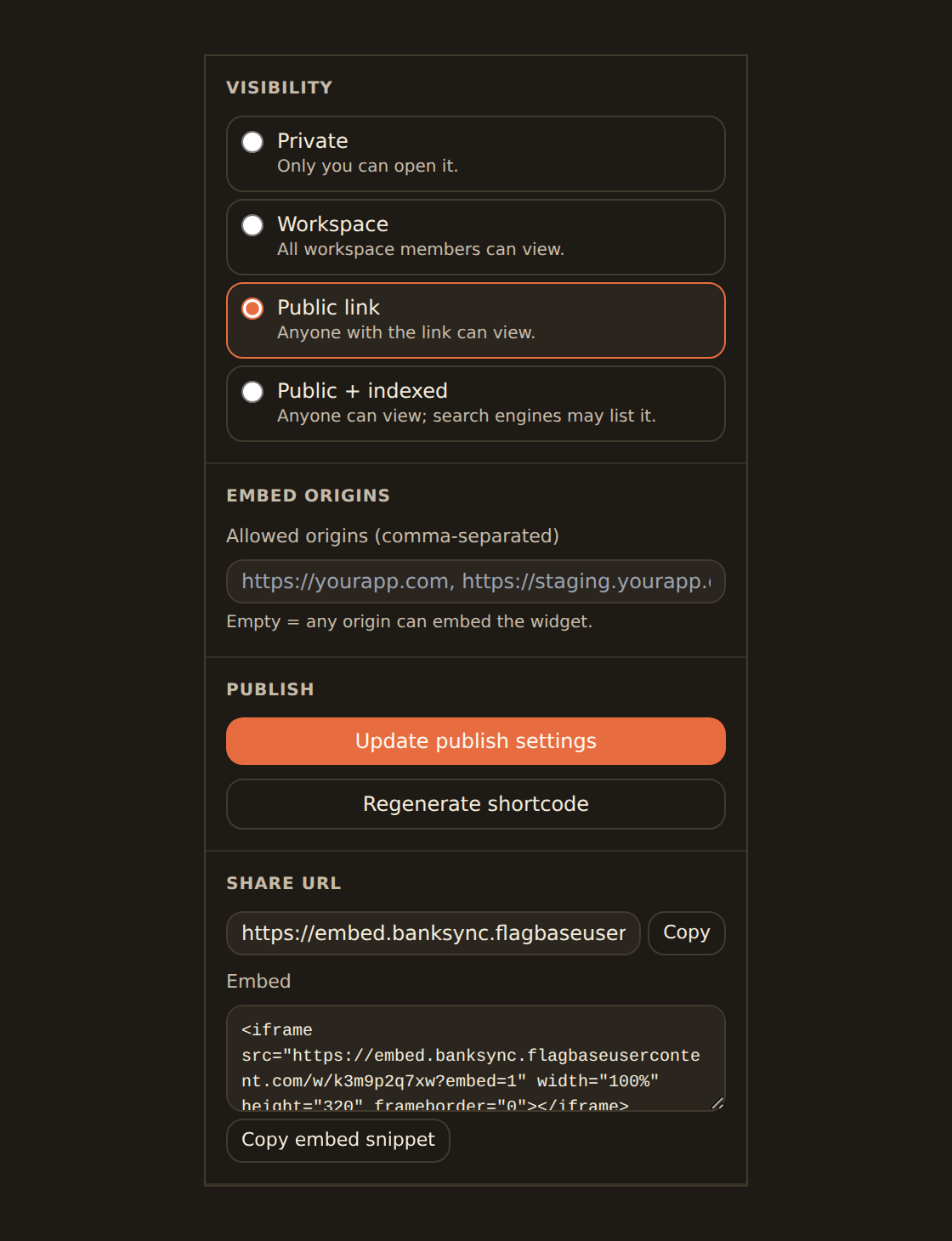 A single widget's Share tab in the inspector, showing the widget set to a public tier with its own share link, an iframe embed snippet, an allowed-origins box, and a Regenerate shortcode button.