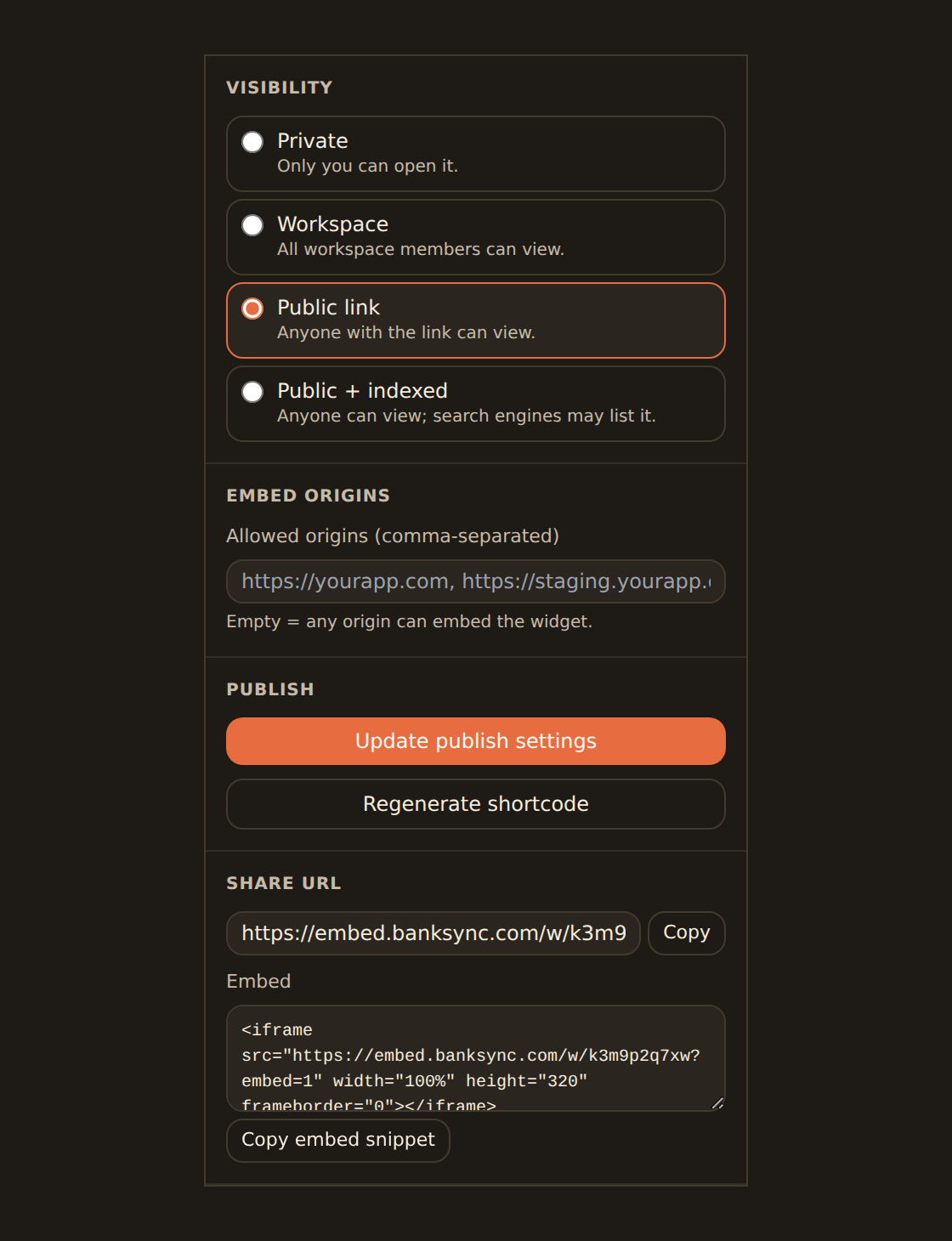A single widget's Share tab in the inspector, showing the widget set to a public tier with its own share link, an iframe embed snippet, an allowed-origins box, and a Regenerate shortcode button.
