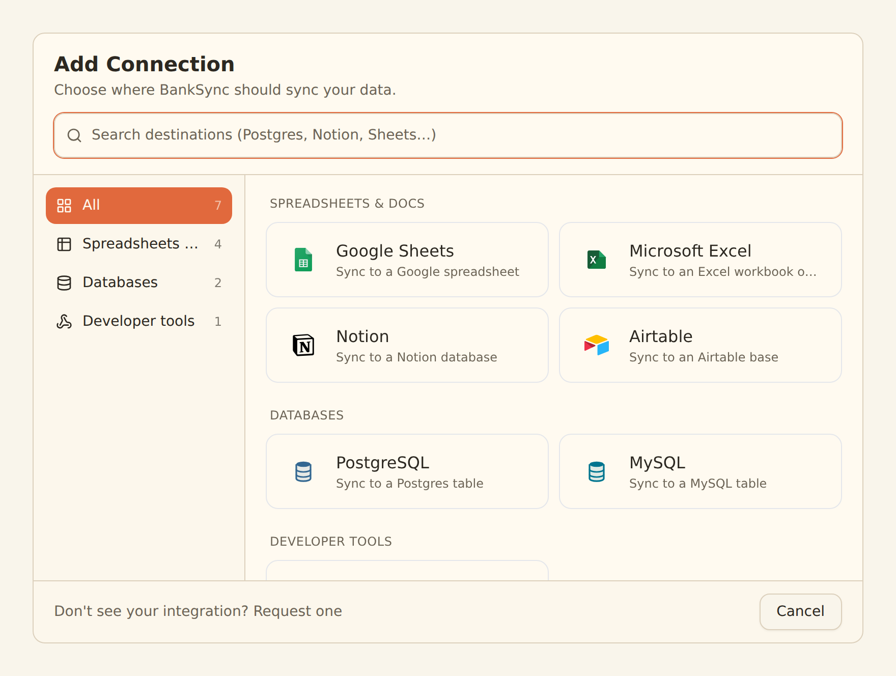 The Add Connection dialog with a search box and destinations grouped by category: Spreadsheets (Google Sheets), Docs (Notion), Databases (Postgres), and Developer tools, where the Webhooks card reads POST signed JSON to any HTTPS endpoint.