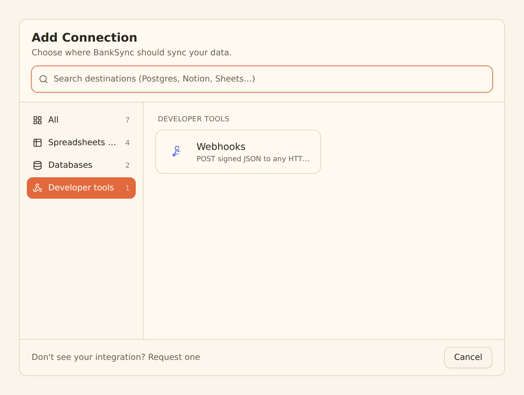 The Add Connection dialog with Developer tools selected in the category rail and the Webhooks card reading POST signed JSON to any HTTPS endpoint.