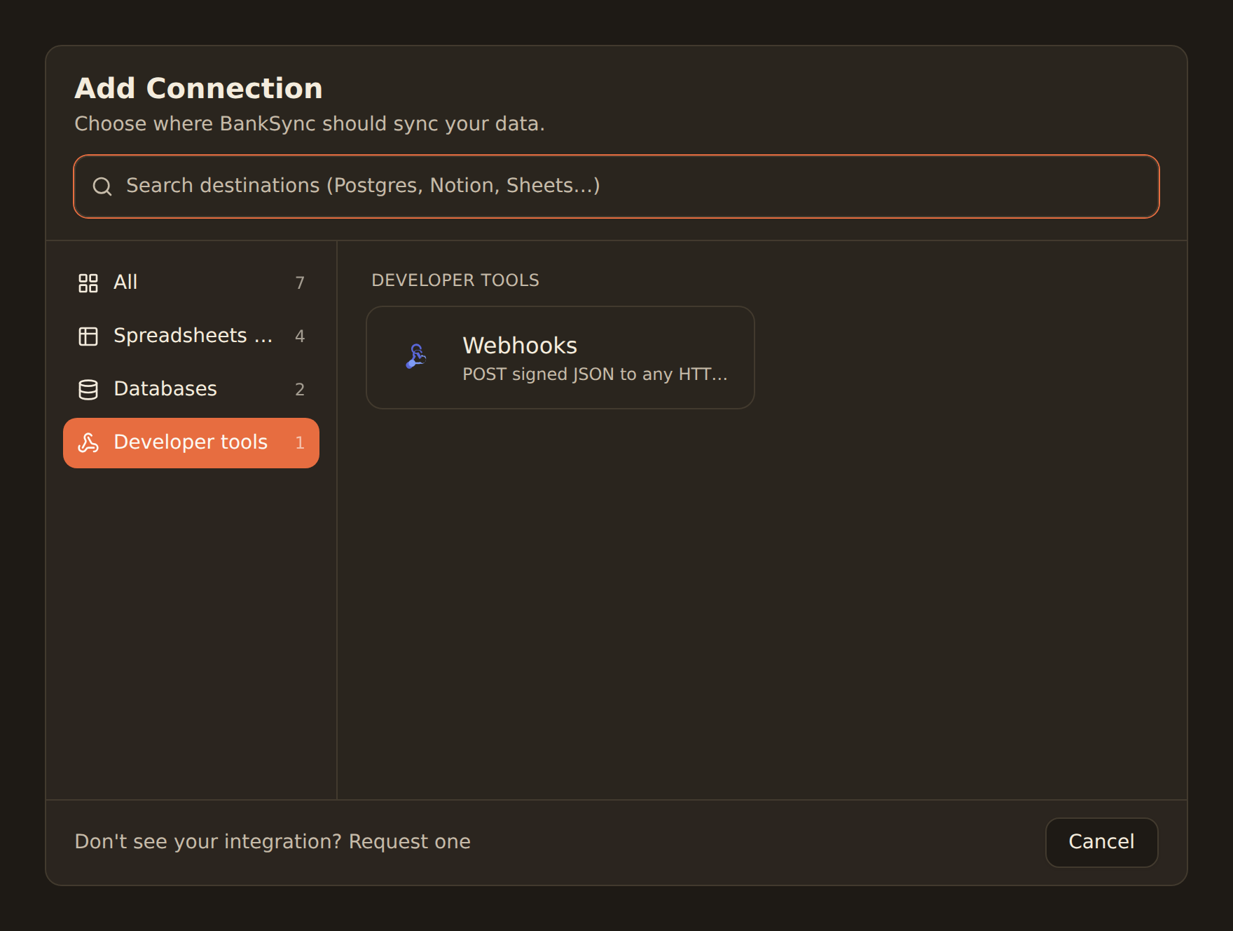The Add Connection dialog with Developer tools selected in the category rail and the Webhooks card reading POST signed JSON to any HTTPS endpoint.