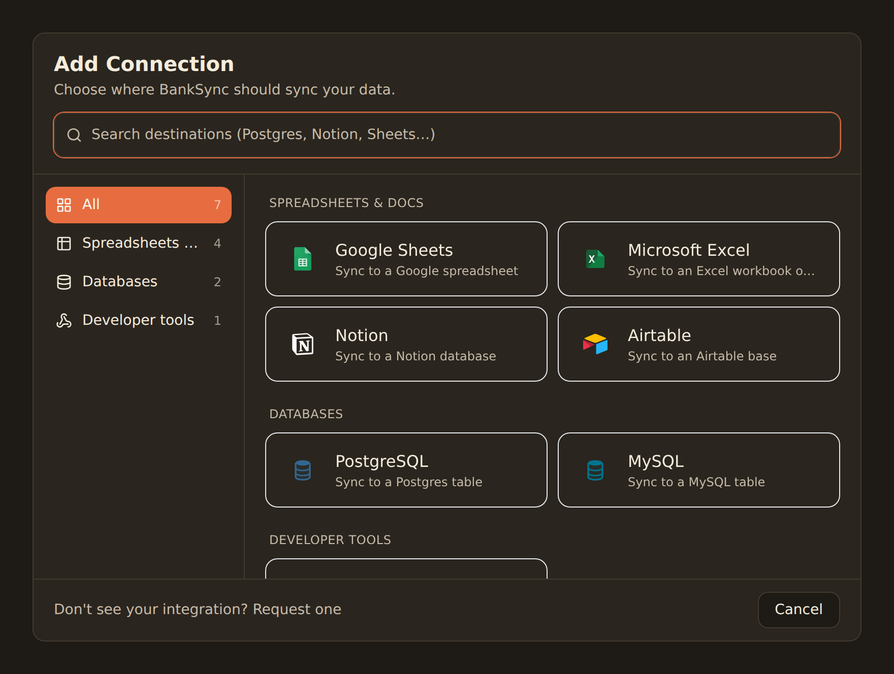 The Add Connection dialog with a search box and destinations grouped by category: Spreadsheets (Google Sheets), Docs (Notion), Databases (Postgres), and Developer tools, where the Webhooks card reads POST signed JSON to any HTTPS endpoint.