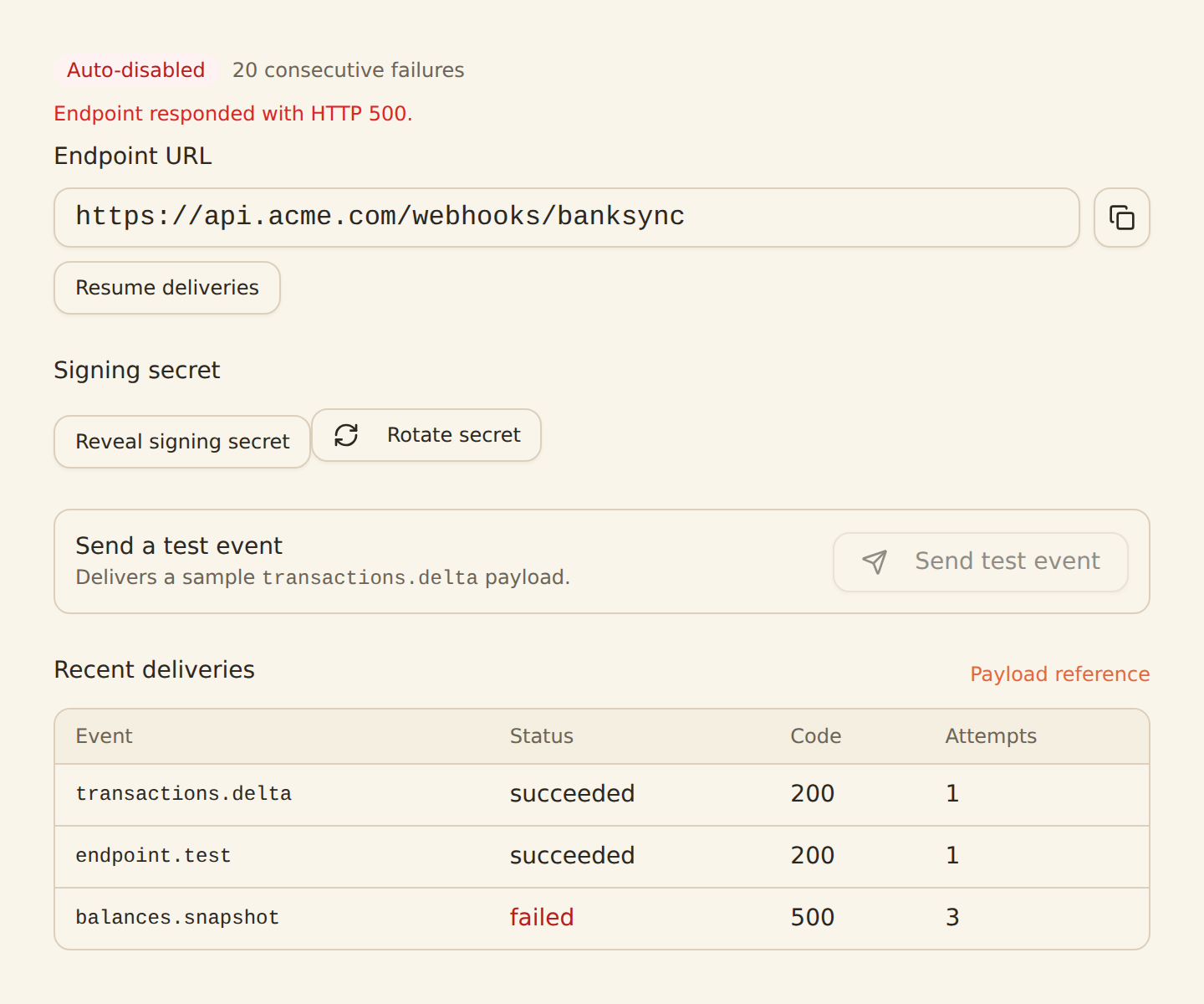 A webhook endpoint detail panel in the auto-disabled state: an Auto-disabled status badge with 20 consecutive failures and an error message Endpoint responded with HTTP 500, above the endpoint URL and the rest of the panel.