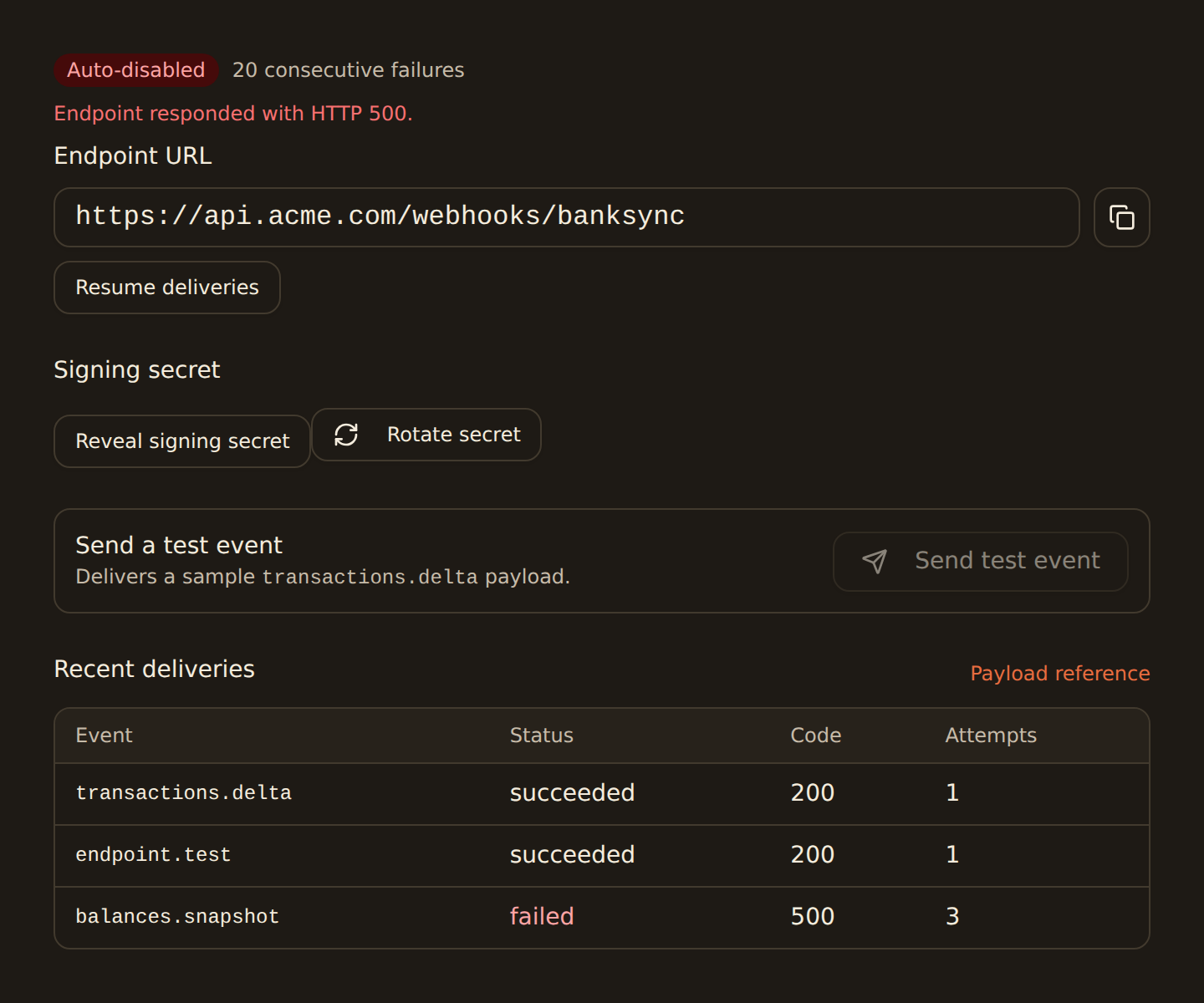 A webhook endpoint detail panel in the auto-disabled state: an Auto-disabled status badge with 20 consecutive failures and an error message Endpoint responded with HTTP 500, above the endpoint URL and the rest of the panel.