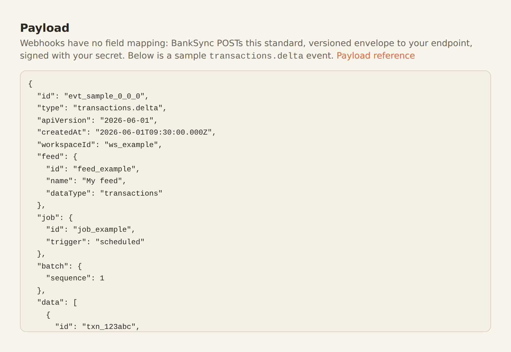 The feed wizard's Payload tab for a webhook destination, showing a read-only JSON sample of a transactions.delta event with its envelope fields and a data array, and a link to the payload reference.