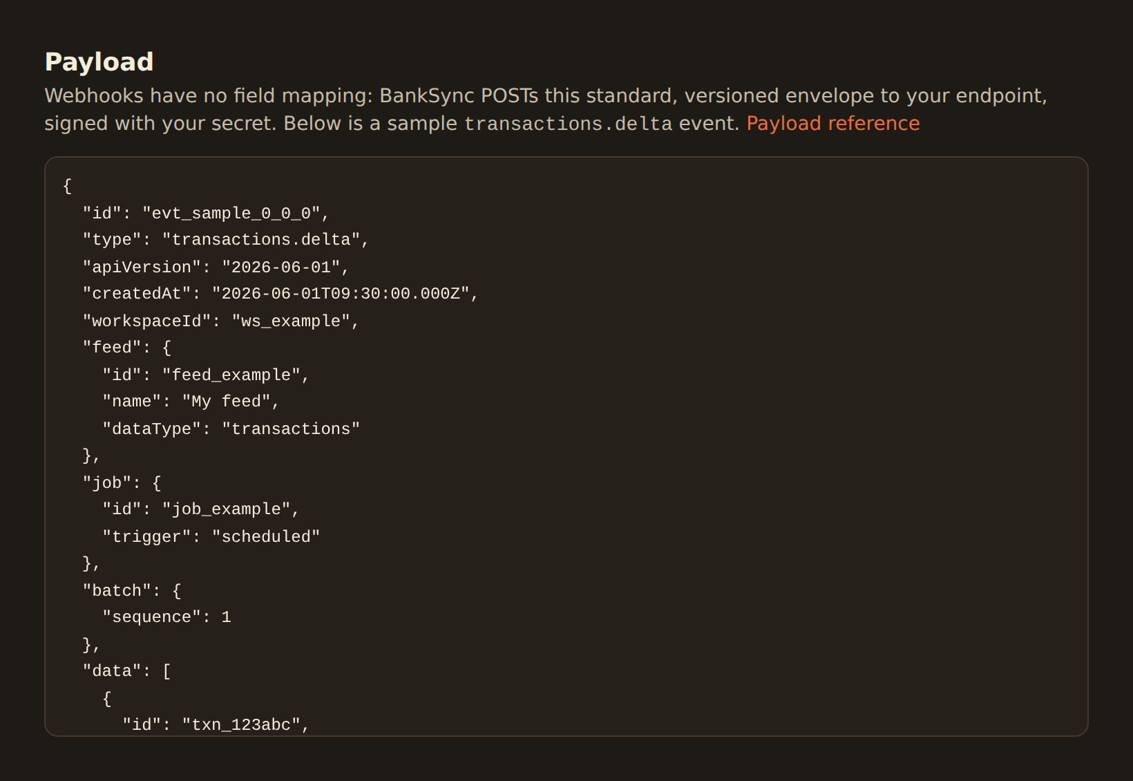 The feed wizard's Payload tab for a webhook destination, showing a read-only JSON sample of a transactions.delta event with its envelope fields and a data array, and a link to the payload reference.