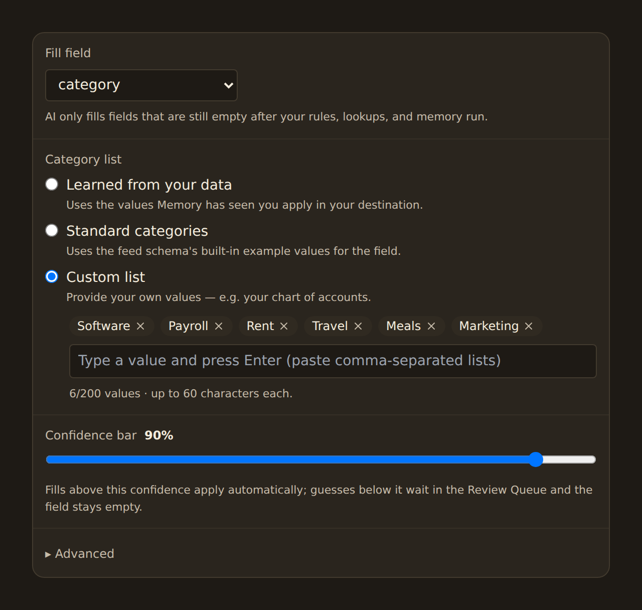 The AI Categorizer configuration form: a Fill field selector set to category, a Category list section offering Learned from your data, Standard categories, and Custom list — with Custom list selected and chips for Software, Payroll, Rent, Travel, Meals, and Marketing — and a Confidence bar slider at 90 percent with the note that fills above this confidence apply automatically while guesses below it wait in the Review Queue.