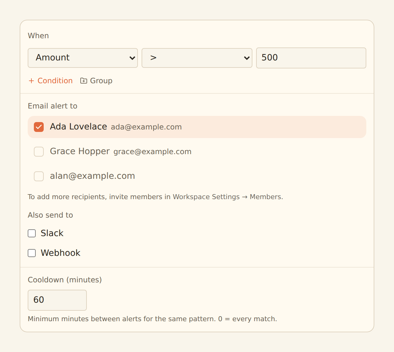 The Alert configuration form: a When condition reading Amount greater than 500, an Email alert to section listing workspace members Ada Lovelace, Grace Hopper, and a third member as checkboxes with Ada selected, an Also send to section with unchecked Slack and Webhook options, and a Cooldown (minutes) field set to 60 with the note that 0 means every match.