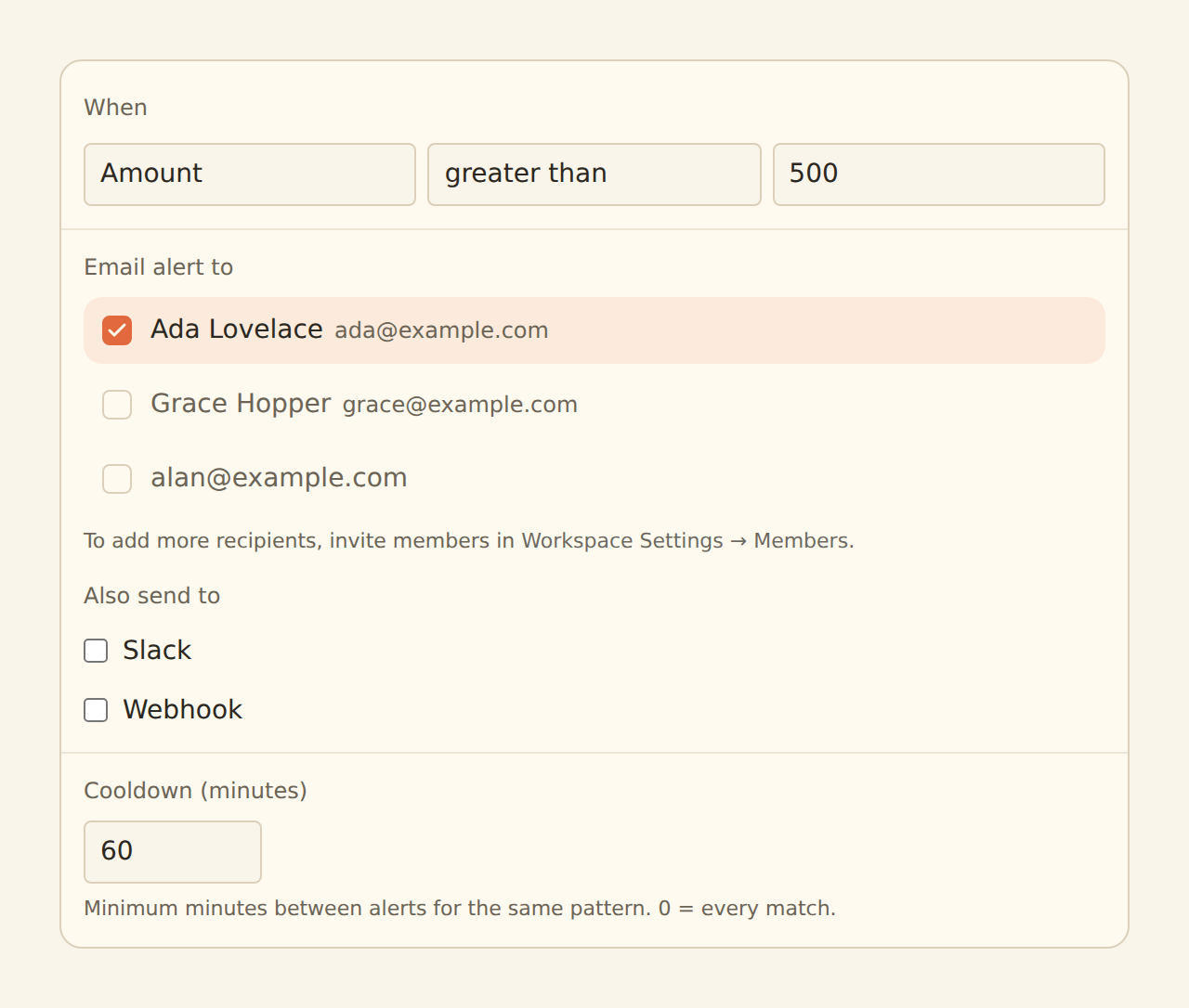 The Alert configuration form: a When condition reading Amount greater than 500, an Email alert to section listing workspace members Ada Lovelace, Grace Hopper, and a third member as checkboxes with Ada selected, an Also send to section with unchecked Slack and Webhook options, and a Cooldown (minutes) field set to 60 with the note that 0 means every match.