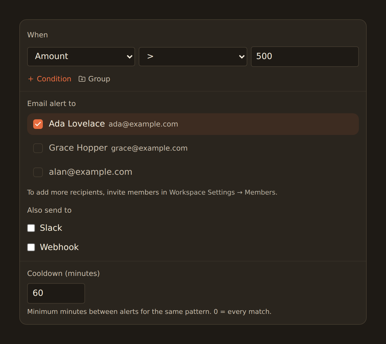 The Alert configuration form: a When condition reading Amount greater than 500, an Email alert to section listing workspace members Ada Lovelace, Grace Hopper, and a third member as checkboxes with Ada selected, an Also send to section with unchecked Slack and Webhook options, and a Cooldown (minutes) field set to 60 with the note that 0 means every match.