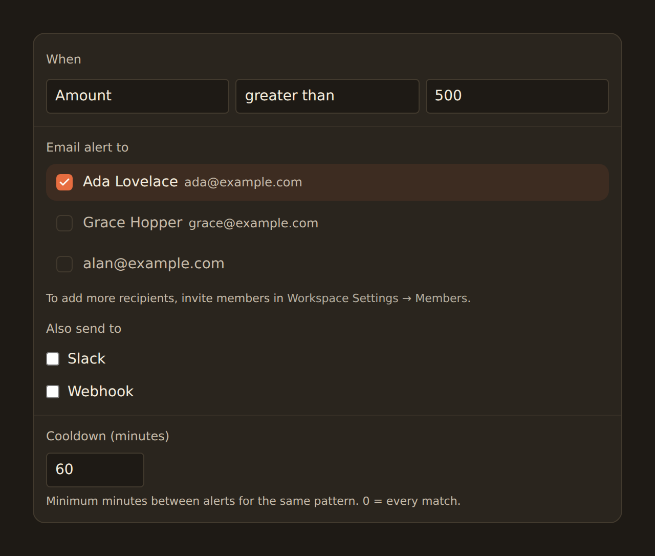 The Alert configuration form: a When condition reading Amount greater than 500, an Email alert to section listing workspace members Ada Lovelace, Grace Hopper, and a third member as checkboxes with Ada selected, an Also send to section with unchecked Slack and Webhook options, and a Cooldown (minutes) field set to 60 with the note that 0 means every match.