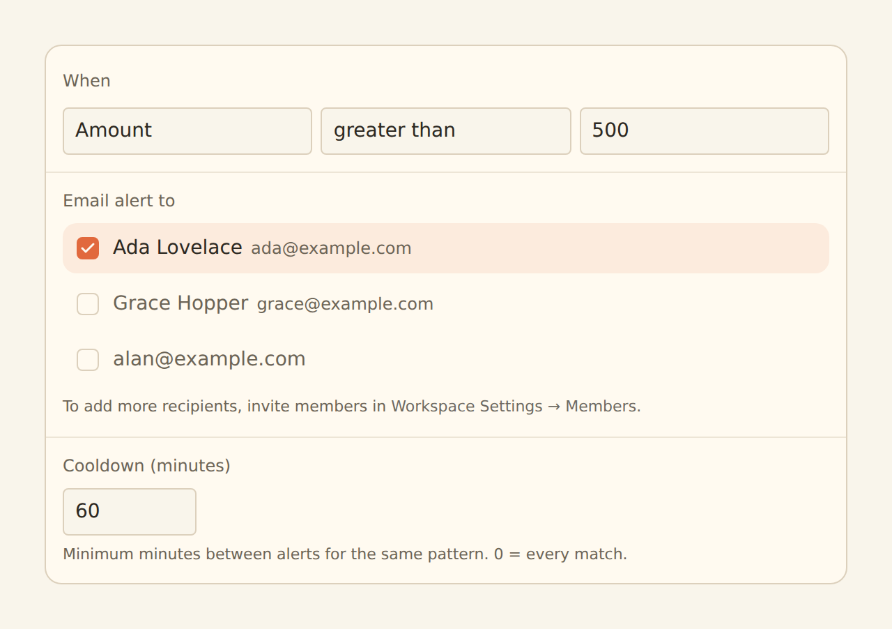 The Alert configuration form: a When condition reading Amount greater than 500, an Email alert to section listing workspace members Ada Lovelace, Grace Hopper, and a third member as checkboxes with Ada selected, and a Cooldown (minutes) field set to 60 with the note that 0 means every match.