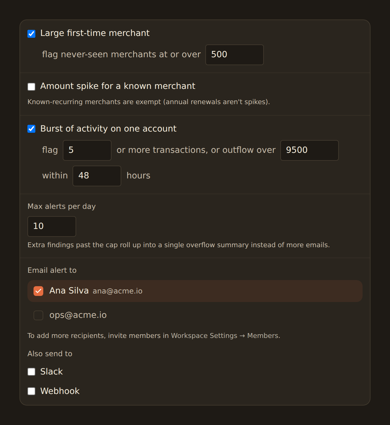 The Anomaly Detector configuration form with the default checks: Large first-time merchant enabled to flag never-seen merchants at or over 500, Amount spike for a known merchant unchecked with the note that known-recurring merchants are exempt, Burst of activity on one account enabled to flag 5 or more transactions or outflow over 9500 within 48 hours, Max alerts per day set to 10, and an Email alert to section with one recipient selected.
