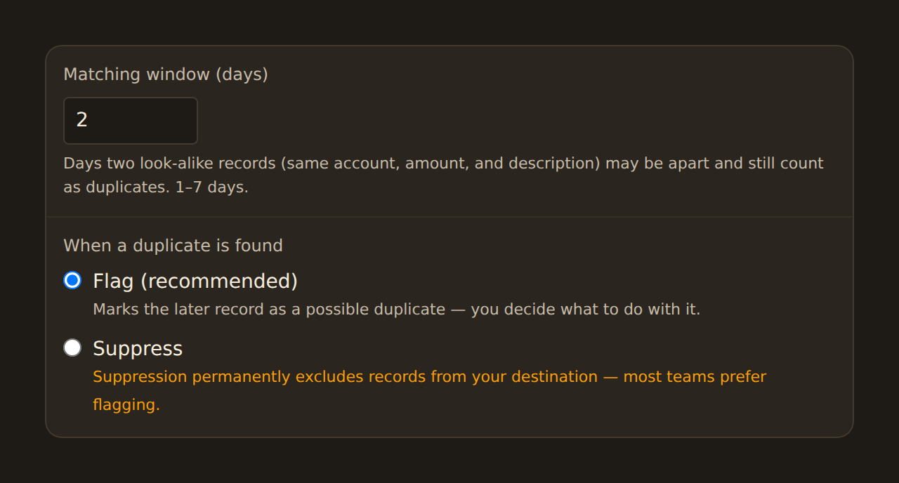 The Duplicate Screen configuration form: a Matching window (days) field set to 2 with the note that look-alike records share the same account, amount, and description, and a When a duplicate is found section with Flag (recommended) selected — marking the later record as a possible duplicate — and a Suppress option carrying the warning that suppression permanently excludes records from your destination.