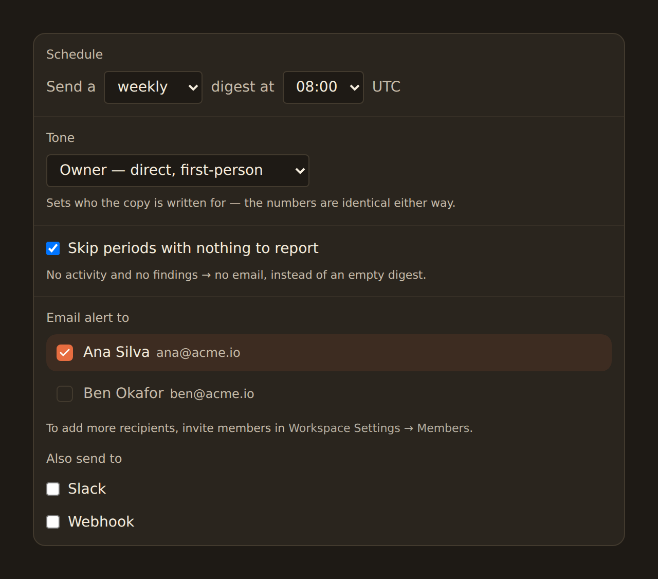 The Digest configuration form: a Schedule reading send a weekly digest at 08:00 UTC, a Tone dropdown set to Owner — direct, first-person, a Skip periods with nothing to report checkbox ticked with the note no activity and no findings means no email, and an Email alert to section with one workspace member selected.