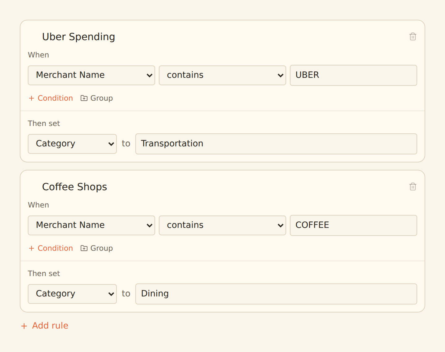 Enrichment Ruleset editor with two rules using the native condition builder: Uber Spending matches Merchant Name contains UBER and sets Category to Transportation; Coffee Shops matches Merchant Name contains COFFEE and sets Category to Dining.