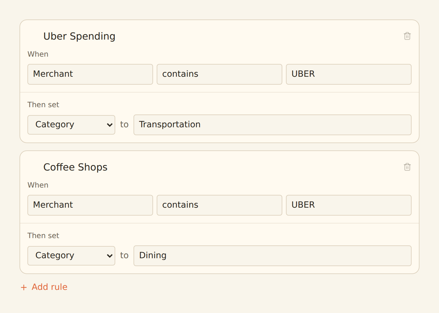 Enrichment Ruleset editor showing a rule named Shopping with a When condition Description contains AMZN and a Then set action setting Category to Shopping, above a feed Live Preview before/after table where the Category cells on the two matching AMZN transaction rows are highlighted as changed, with a 2-match count badge on the Enrichments tab.