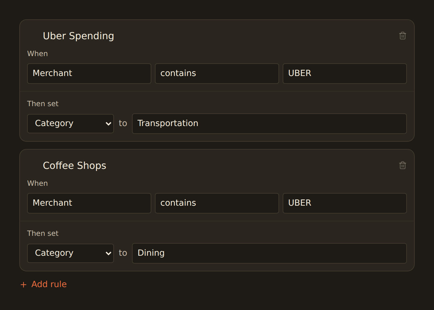Enrichment Ruleset editor showing a rule named Shopping with a When condition Description contains AMZN and a Then set action setting Category to Shopping, above a feed Live Preview before/after table where the Category cells on the two matching AMZN transaction rows are highlighted as changed, with a 2-match count badge on the Enrichments tab.